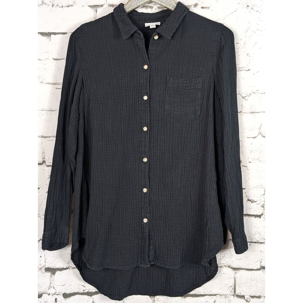 J. JILL Gauzy Muslin Crinkle Texture Button Front Shirt Black 100% Cotton Medium